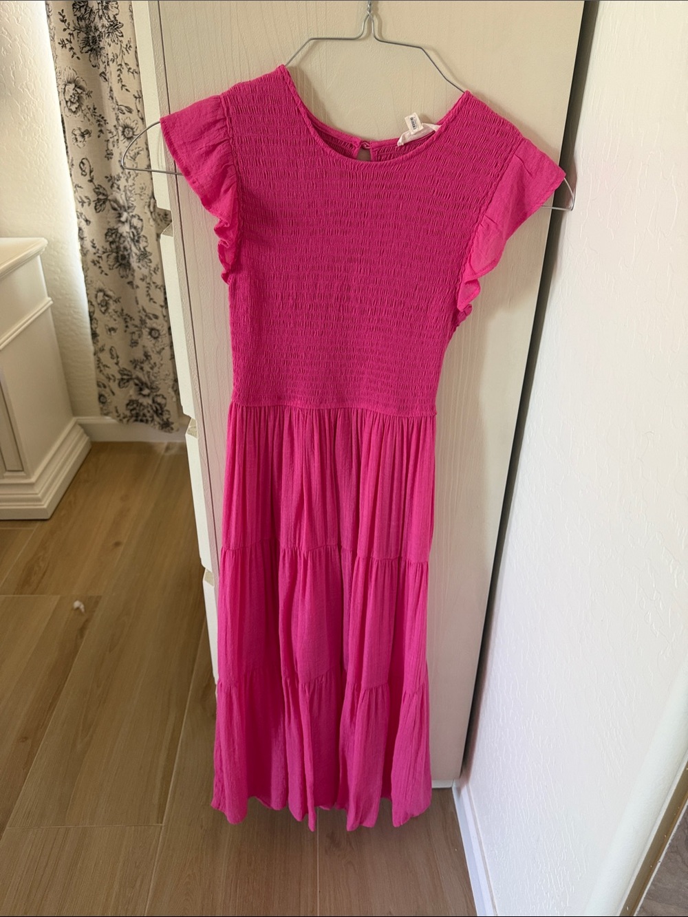 Smocked Bodice Flutter Sleeve Dress - Hot Pink